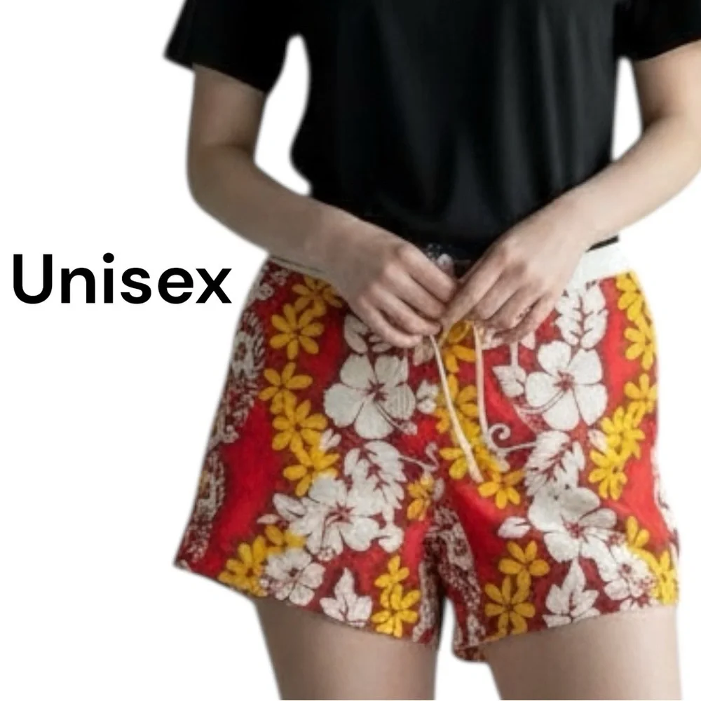 Island Imports Hawaiian Swim Shorts Men’s XL Red Yellow Tropical Floral Vintage